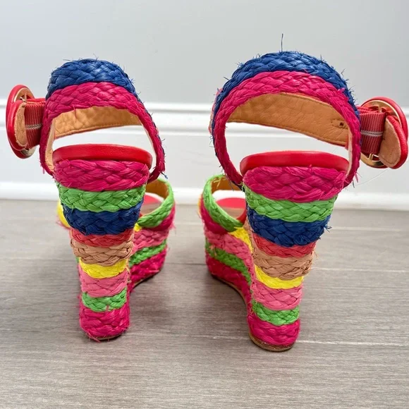 Alice + Olivia Josiey Rainbow Raffia Wedge Sandals Size 8 Colorful Platform Shoe - Picture 8 of 16